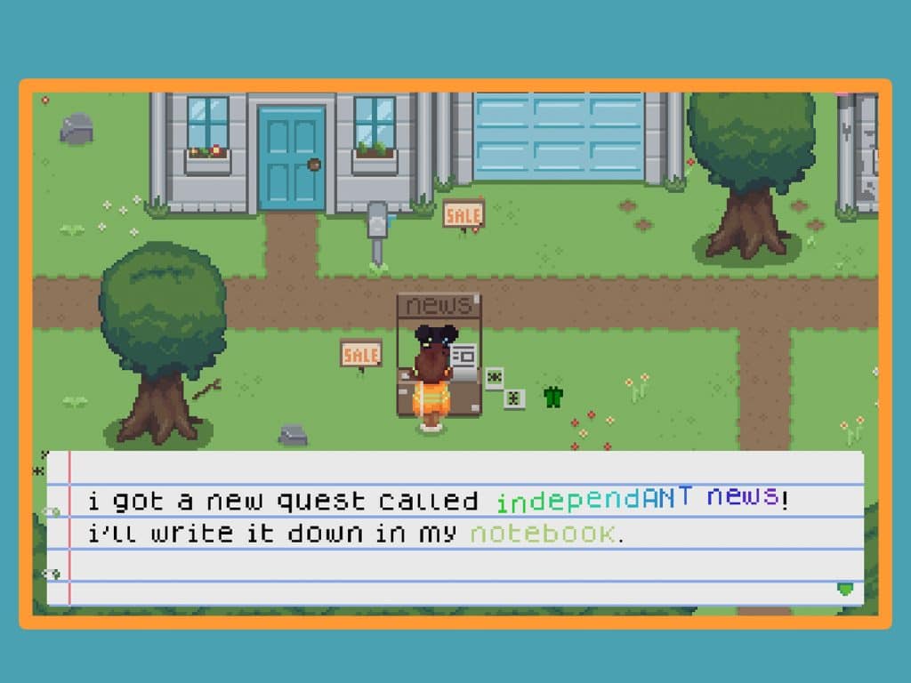 A screenshot from the video game “Garage Sale” shows the player character, Juniper, interacting with another character at a small outdoor stand with a “news” sign on top of it. A dialogue field in the foreground reads: “i got a new quest called independANT news! I’ll write it down in my notebook. The scene is rendered in 2D pixel art style, shown from an angled overhead perspective. In the background, houses, lawns, and a walking path are visible.