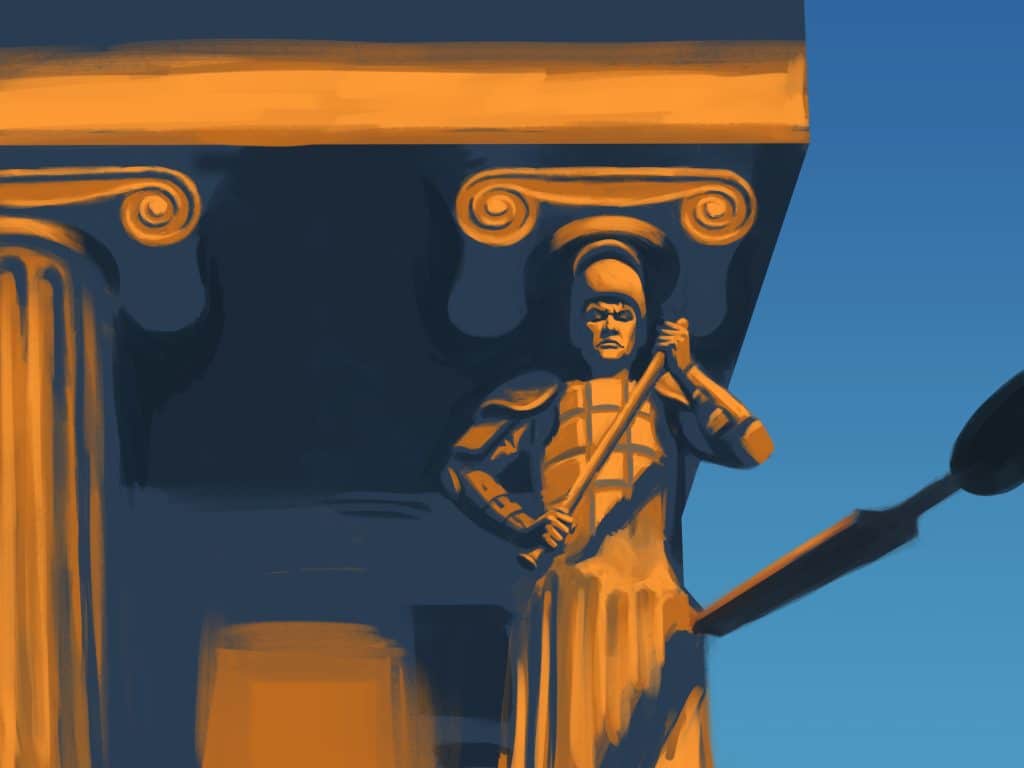 An illustration shows classical columns on the exterior of a courthouse building. A giant chisel is shown shaping one of the columns into a figure of a police officer in riot gear, with a heavy vest, baton, and helmet.