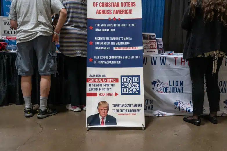 A convention poster advertises the importance of Christians' involvement in the 2024 election.