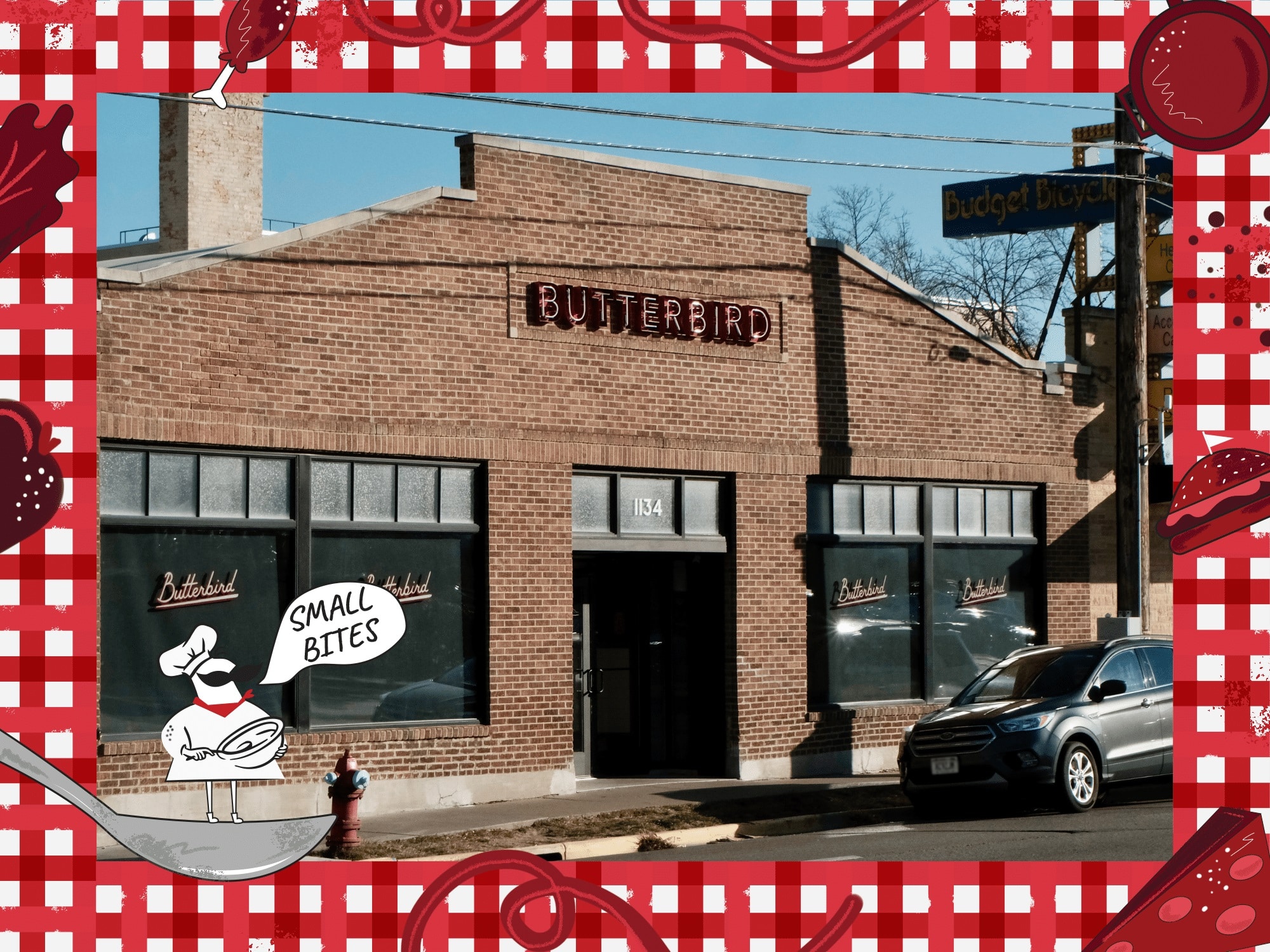A photograph of the storefront of Butterbird restaurant on Regent Street in Madison at a medium shot. An illustrated frame around the photo depicts a checked tablecloth pattern with various items of food. In the bottom left corner, a small caricature chef stands on a spoon with the speech bubble, "Small Bites."