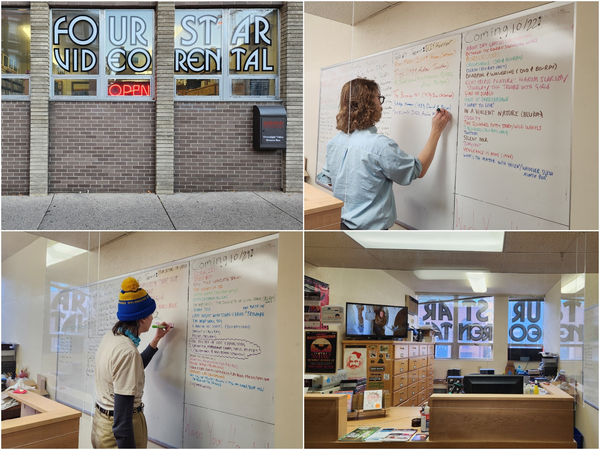 A simple image collage that features a sidewalk view of the Four Star Video Rental storefront on West Gilman Street in Madison. The neon "OPEN" sign is illuminated. To its right, co-owner Lewis Peterson writes the next title on the list for his "DIY Horror" daily theme on a whiteboard. At the bottom left, employee C Nelson-Lifson adds a title to their list of "From Beyond The Grave" to that same whiteboard the following week. The bottom right image features a wider view of the store's main counter area, and a television that is playing the movie "Born Of Fire."