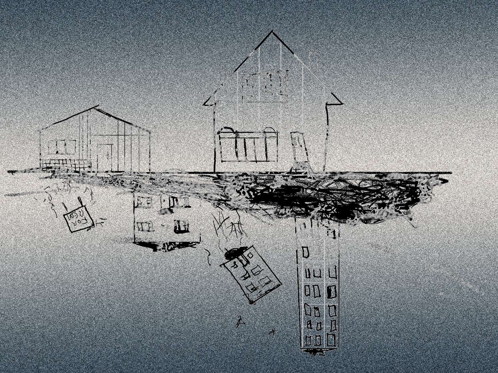 An illustration shows a scratchy line drawing of two single-family houses sitting atop a flat line. Underneath the houses, inverted, is a more rugged and uneven surface from which apartment buildings appear to hang downward. One of the buildings is falling down away from the inverted ground, as is a sign that reads “for rent.”