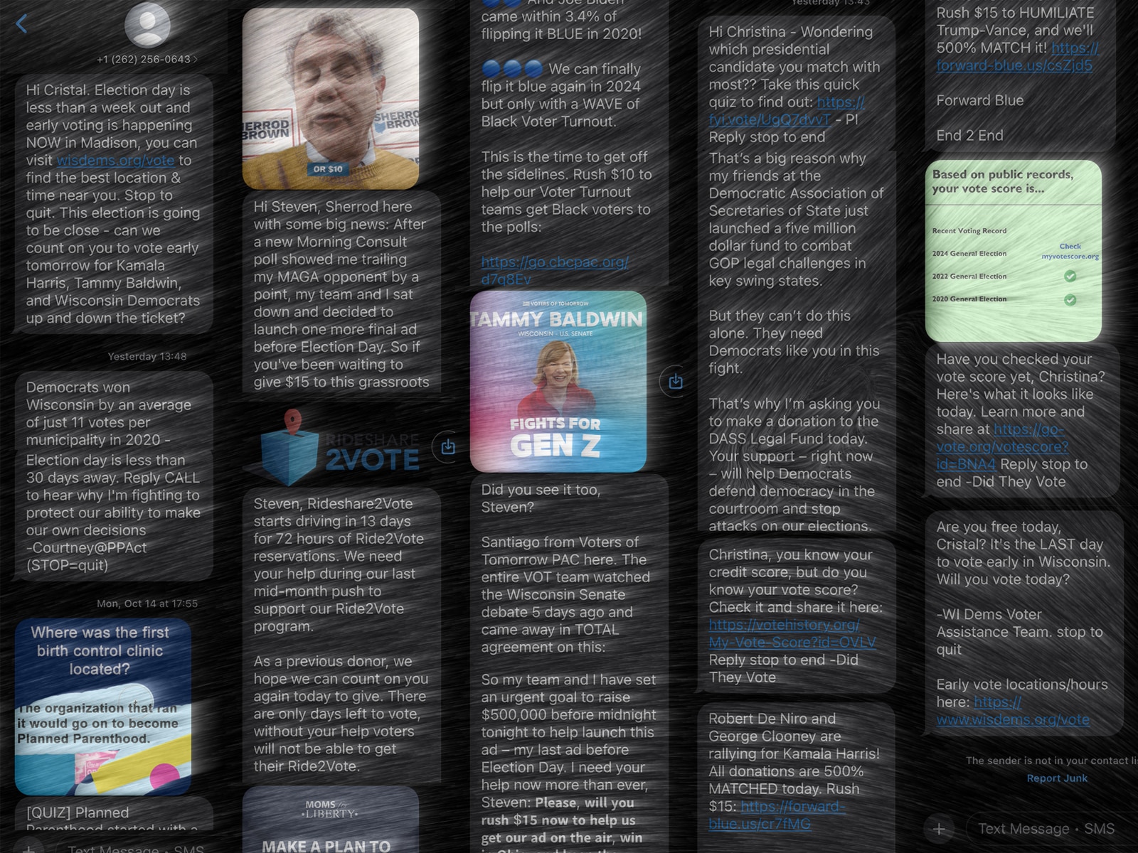 A blurred collage of political text messages addressed to "Steven," "Cristal," and "Christina," each demanding money and support.