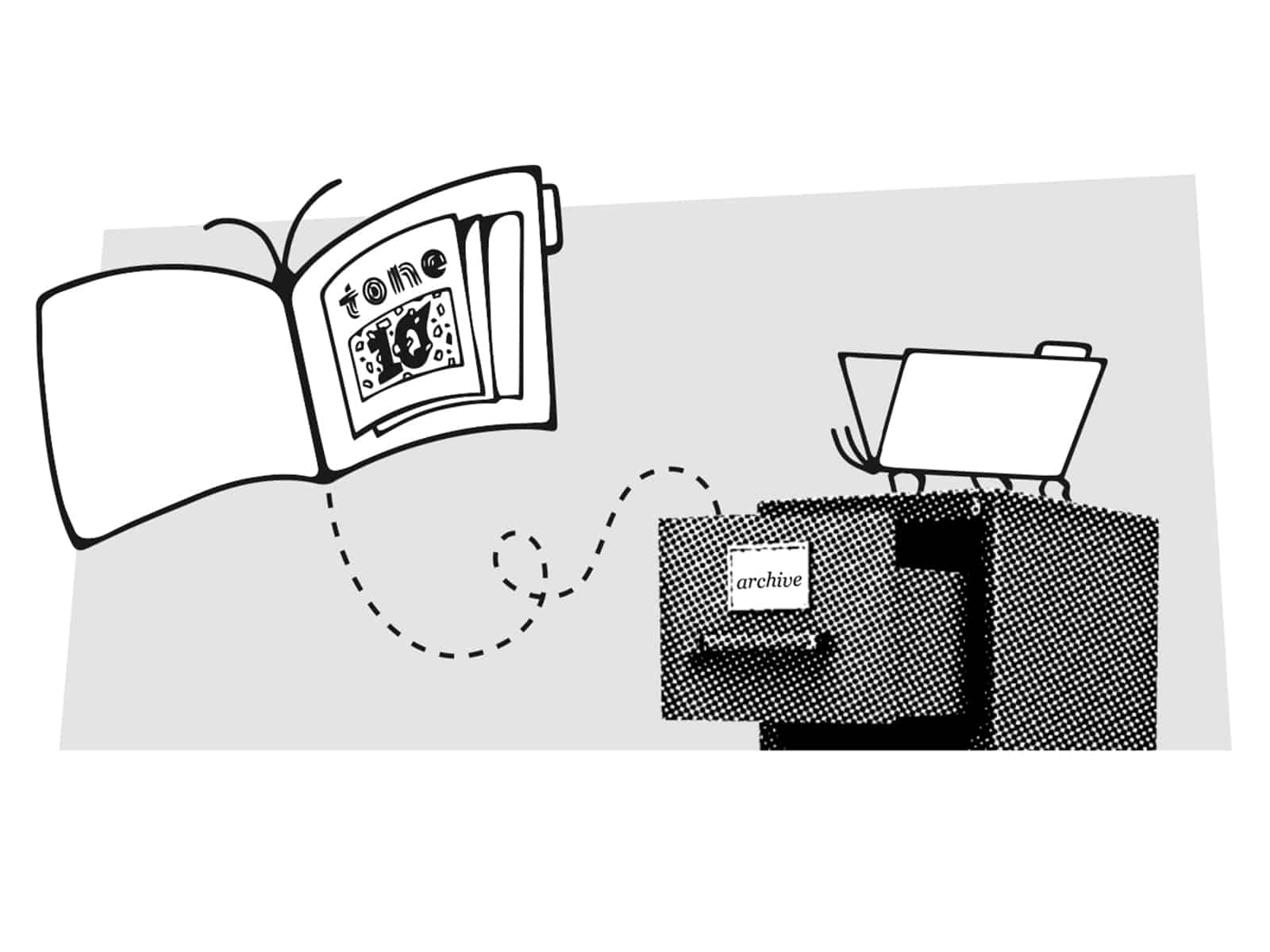 An illustration shows a paper folder flying out of a filing cabinet. The folder has butterfly antennae and is marked with the Tone Madison logo. A card on the filing cabinet drawer reads "archive."