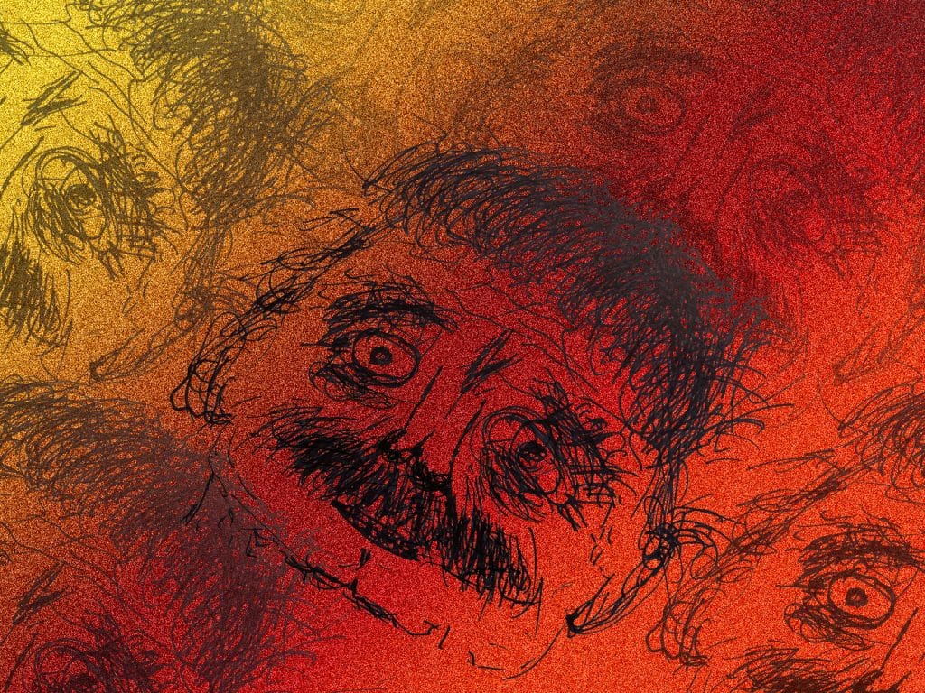 A sketch of Paul Soglin's face is copied multiple times over a yellow, red, and orange gradient.
