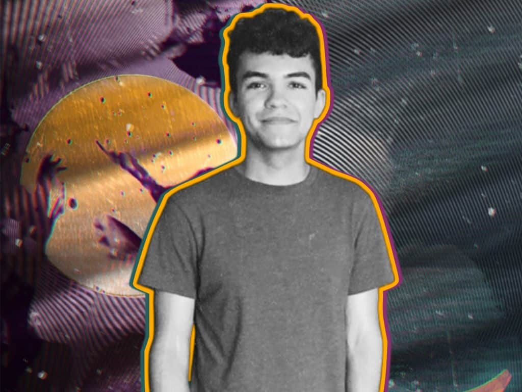 An illustration shows a cutout of a photo of Kevin Price, facing the camera and smiling, against a background of rippling abstract designs.