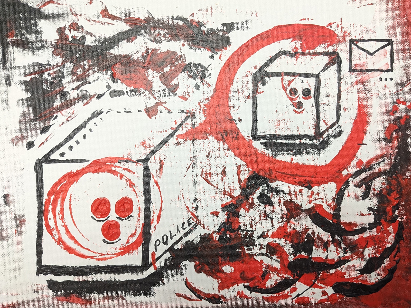 An abstract painting on a white canvas shows two shapes with dismayed faces, one of them in a box labeled "POLICE" and emitting a red speech bubble that surrounds the other figure. Around it are black and red smudges and an email icon.