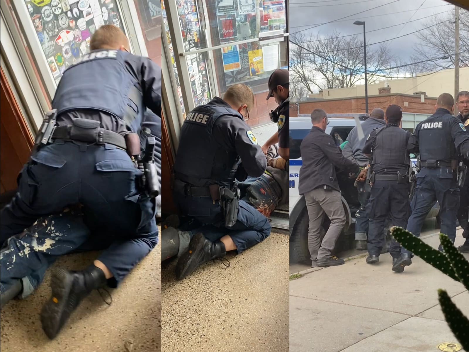 Three stills from a video show police officers arresting a man in the doorway of a restaurant. In the first two stills, the man is on the ground in the doorway with officers straddling him and handcuffing him. In the third still, officers surround the man as they stand on a sidewalk outside, with police cars in the background.