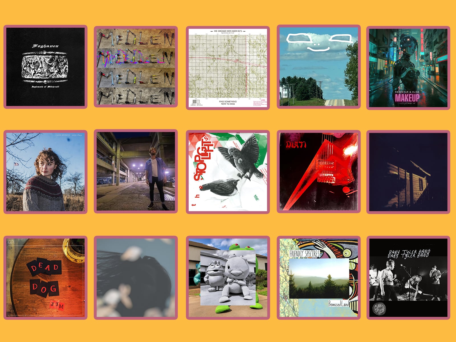 15 album cover graphics are arranged in a grid against a yellow-orange background.