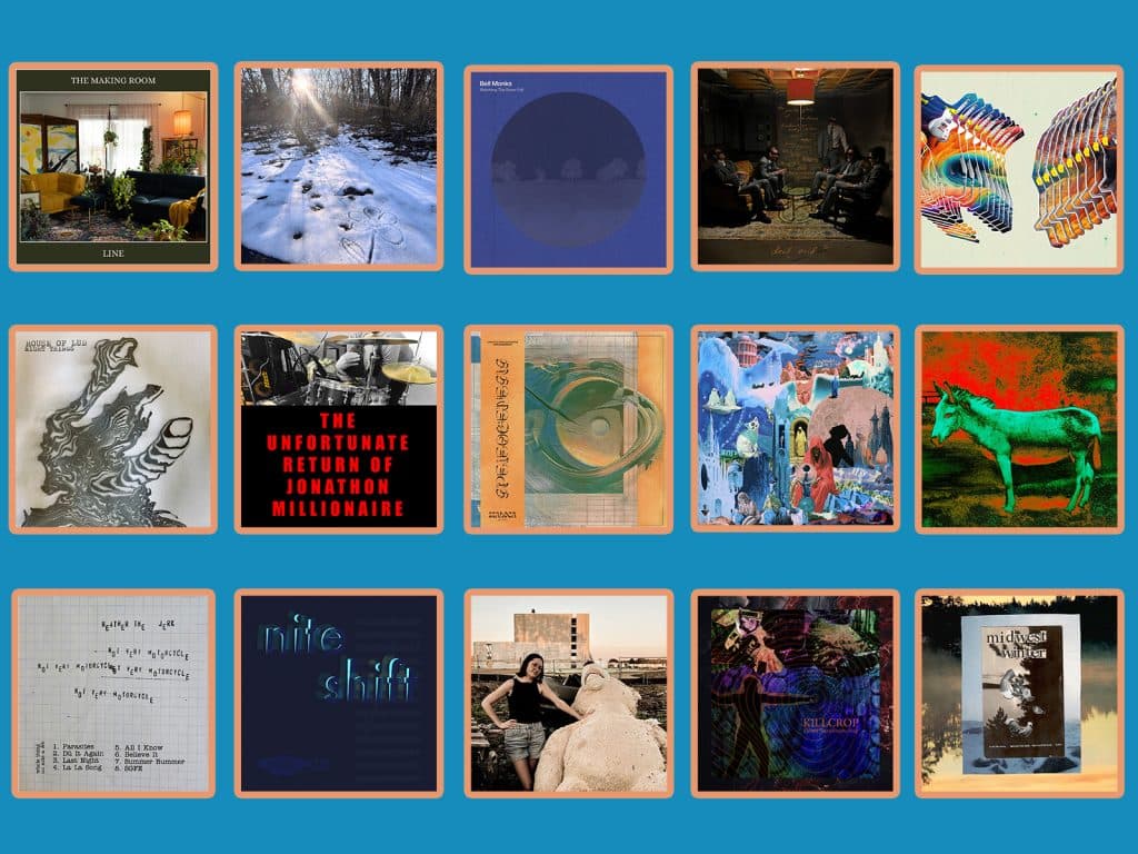An illustration shows 15 album covers arranged in a grid against a blue background.