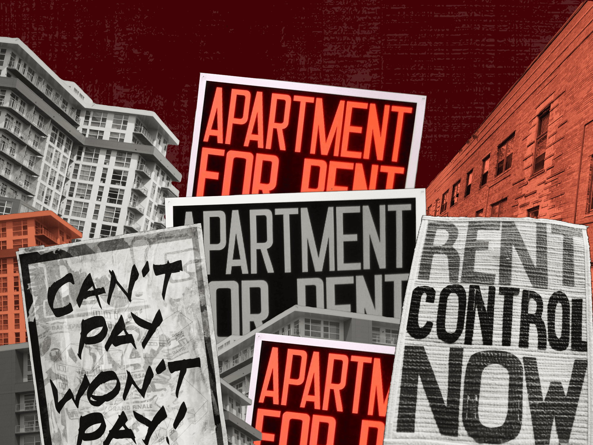 Graphic shows apartment buildings in the background with signs saying "Apartment for Rent". In the foreground are protest signs that read: "Can't pay won't pay" and "Rent control now."