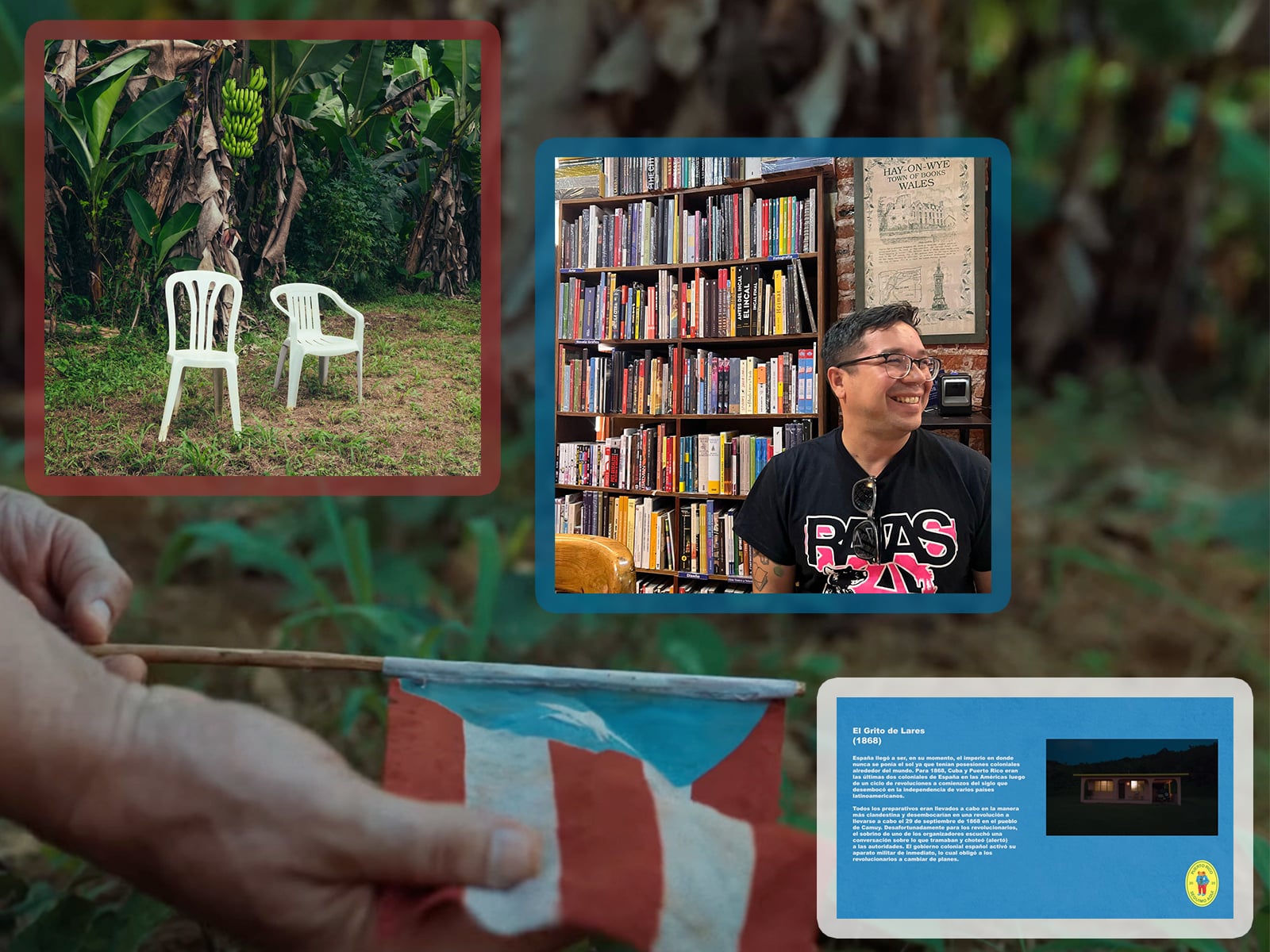 A photo collage shows a screenshot of a written Spanish-language history blurb, a headshot photo of Jorell Meléndez-Badillo, and the album cover of Bad Bunny's album "Debí Tirar Más Fotos," which depicts two plastic lawn chairs set on grass in front of a stand of palm trees. The background of the collage is a screenshot from a short film accompanying the album; it shows a close-up shot of two hands holding a miniature Puerto Rican flag, against a backdrop of grass and plants.