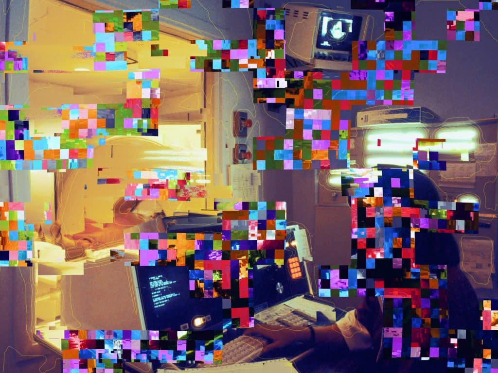 Illustration shows a physician running an MRI scan with a patient in the machine. The image is distorted with clusters of pixelated squares.