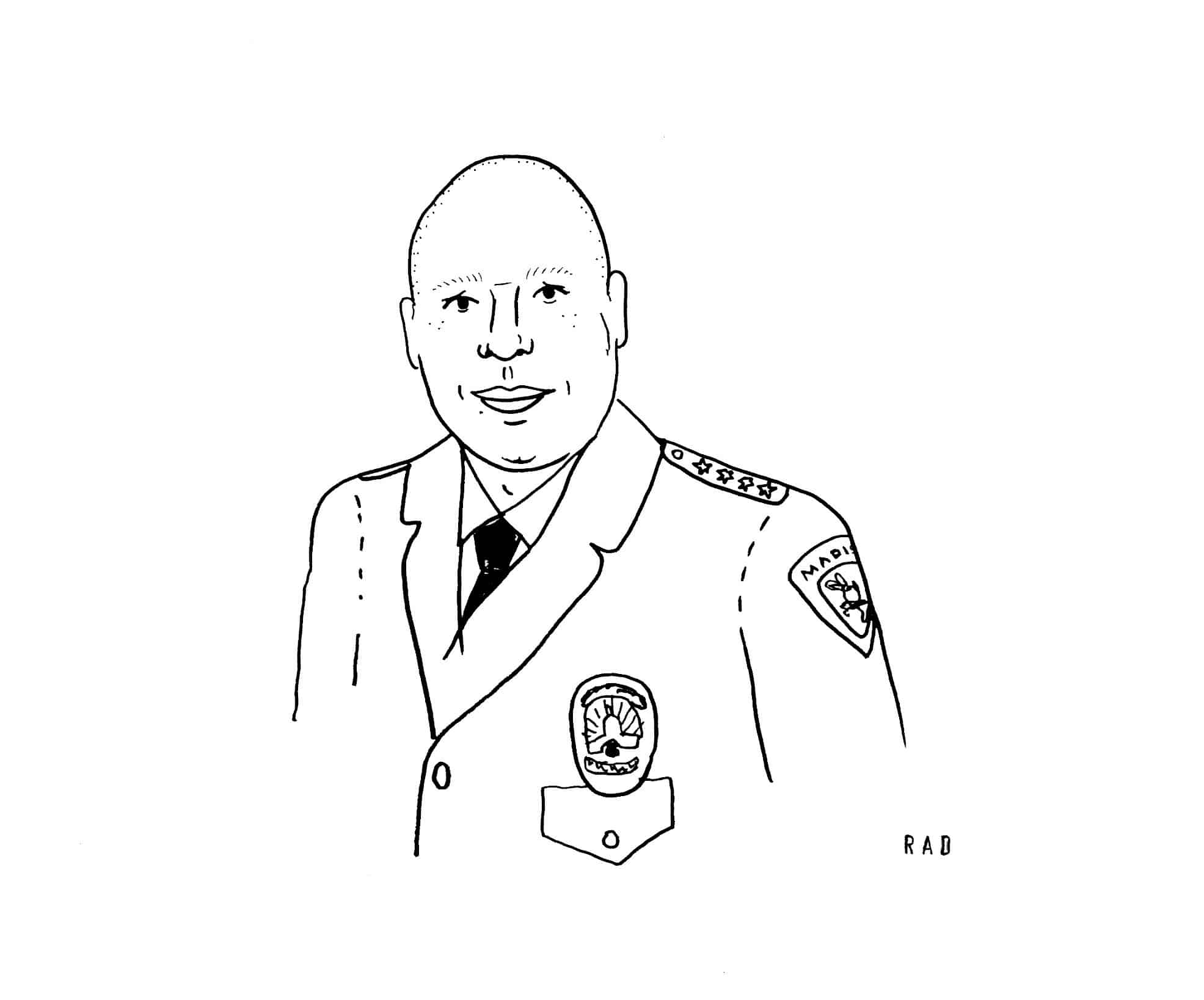 A black and white illustrated portrait of former Madison police chief Shon Barnes.