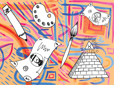 An illustration shows art supplies and money-related symbols floating over a multicolor background. Dollar bills are shown with frowning faces drawn on, and the pyramid that appears on U.S. currency is drawn with a frowning face.