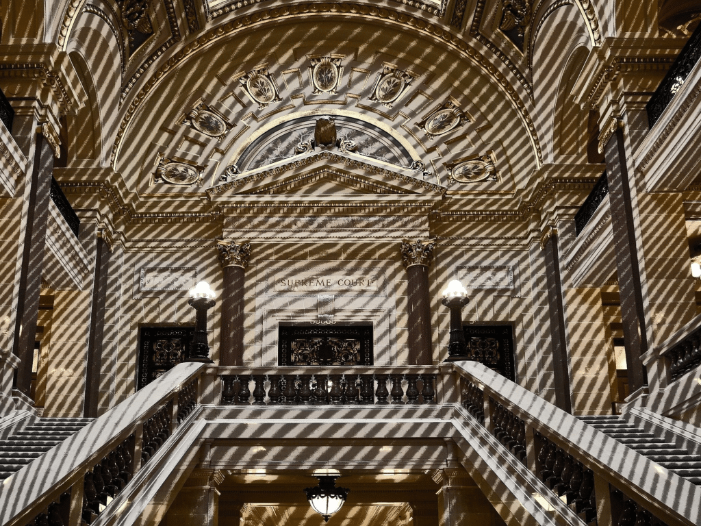 Photo of the entrance to the Wisconsin Supreme Court that has been desaturated and has had a filter applied.