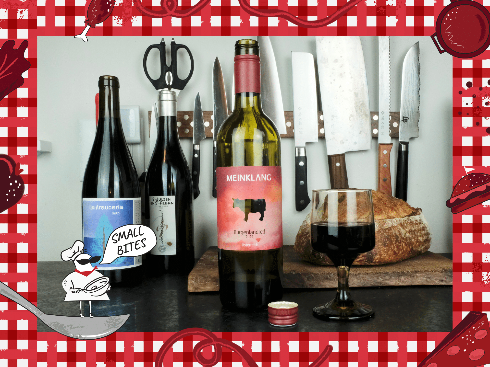 Photo of an assortment of wine bottles on a kitchen counter with a glass of wine, some bread and a knife rack in the background. The photo is framed with an illustration of a red plaid tablecloth with food items. In the lower-left corner, a small chef with an oversized moustache standing on a spoon says "Small Bites" in a speech bubble.