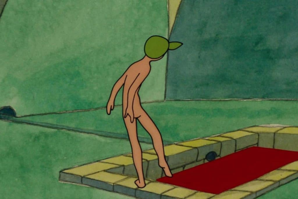 An animated still frame largely in shades of green. In the foreground, a spring or in-ground spa is solidly filled with a deep red color. A slender, nude figure approaches the edge of the spa.