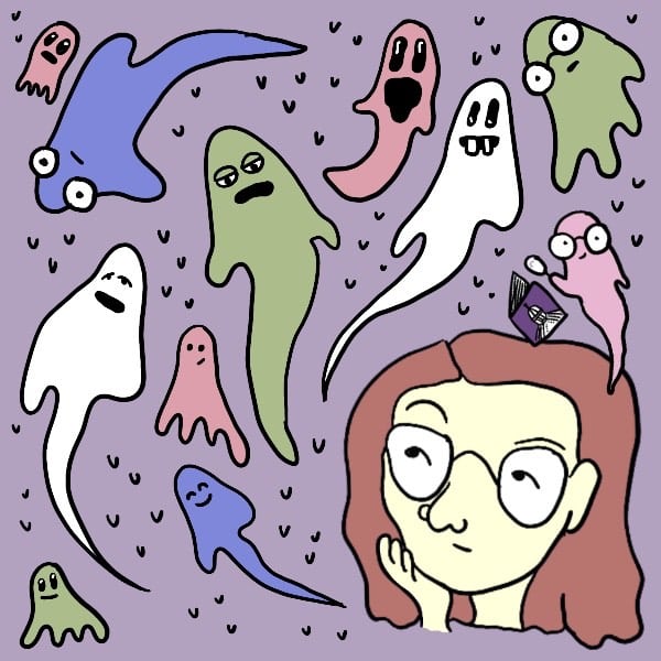 Illustration shows cartoonish ghosts flying around the head of a woman with brown hair and glasses.