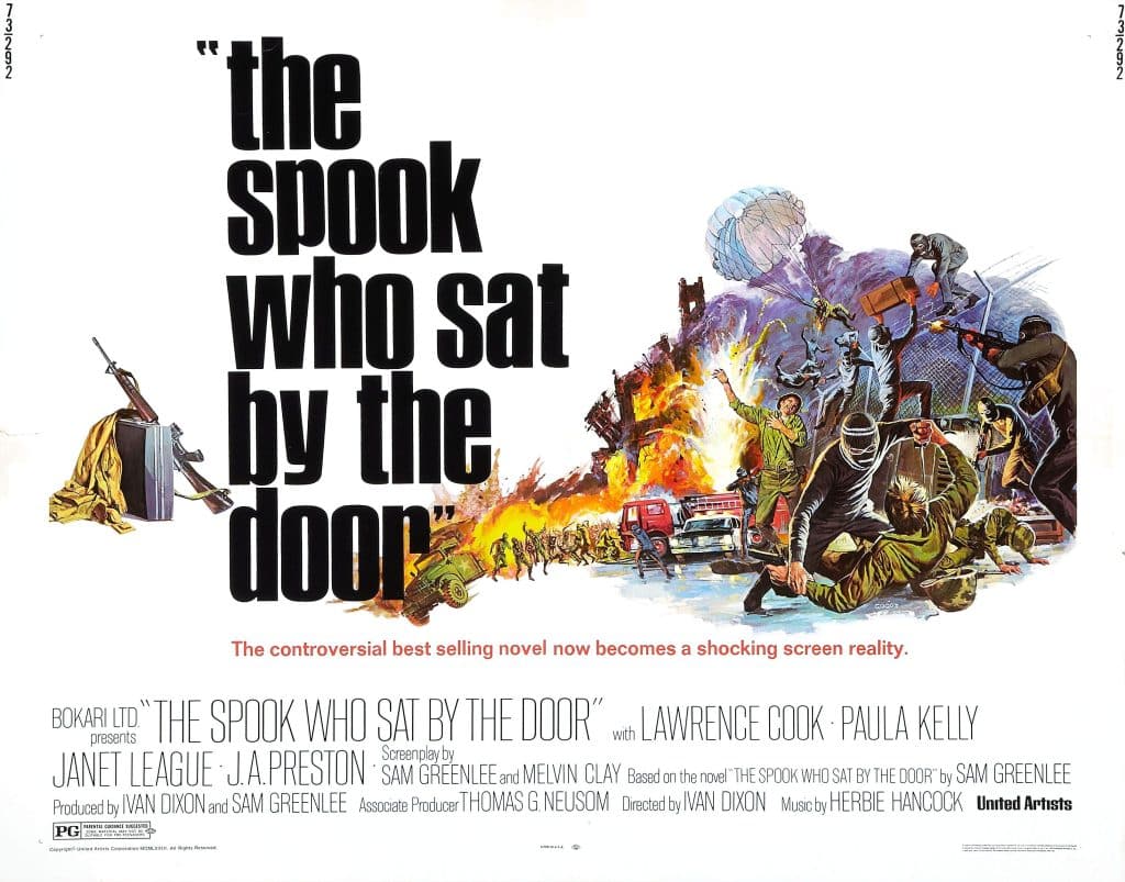 Promotional poster for the film "The Spook Who Sat By The Door" appears on a white background with large black title text. To the right, a chaotic, colorful illustration of action and espionage. Below that, a smaller tagline that reads, "The controversial best selling novel now becomes a shocking screen reality" in red text.