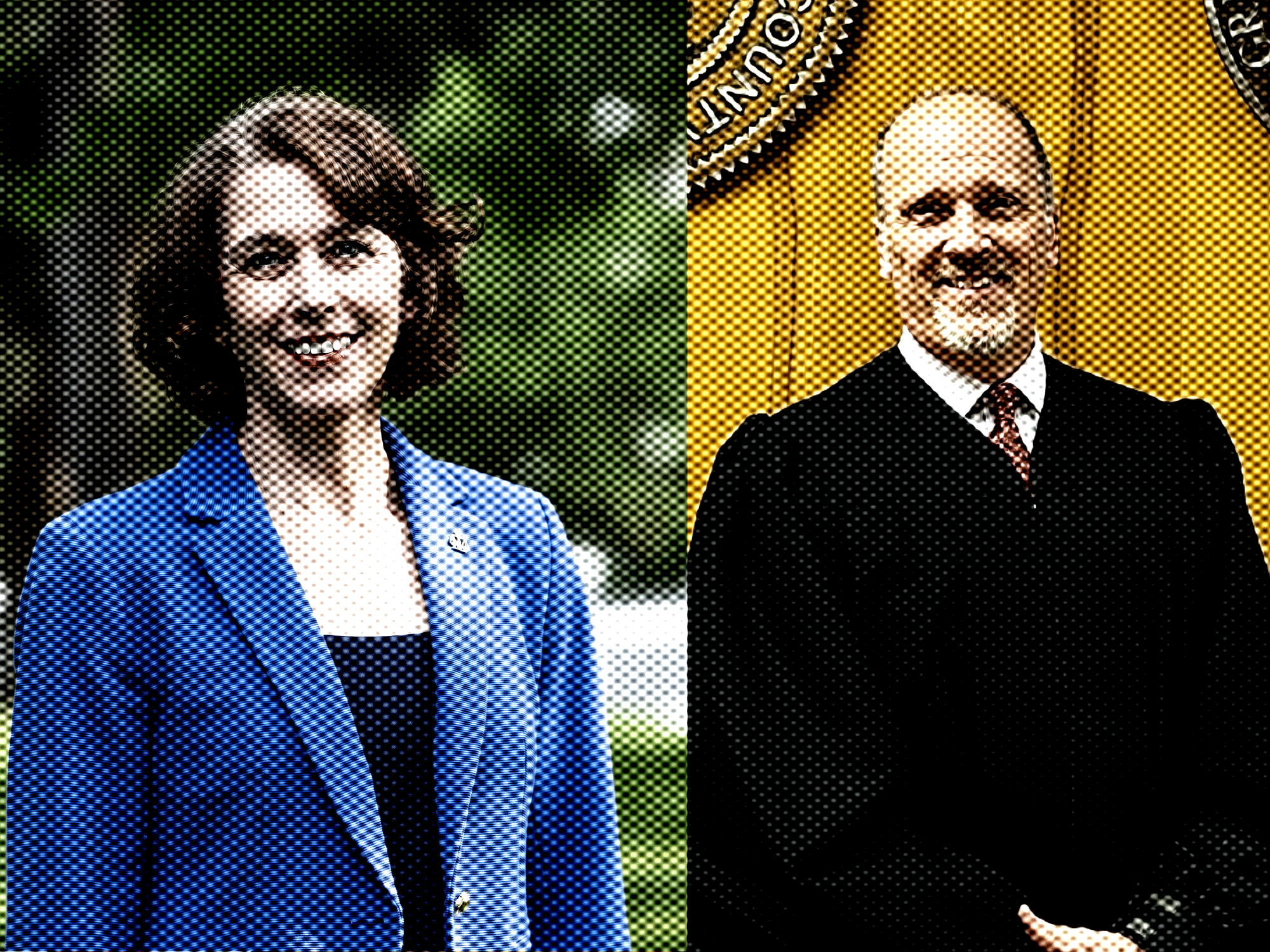 Portraits of Susan Crawford and Brad Schimel are placed side-by-side and distorted with a filter.