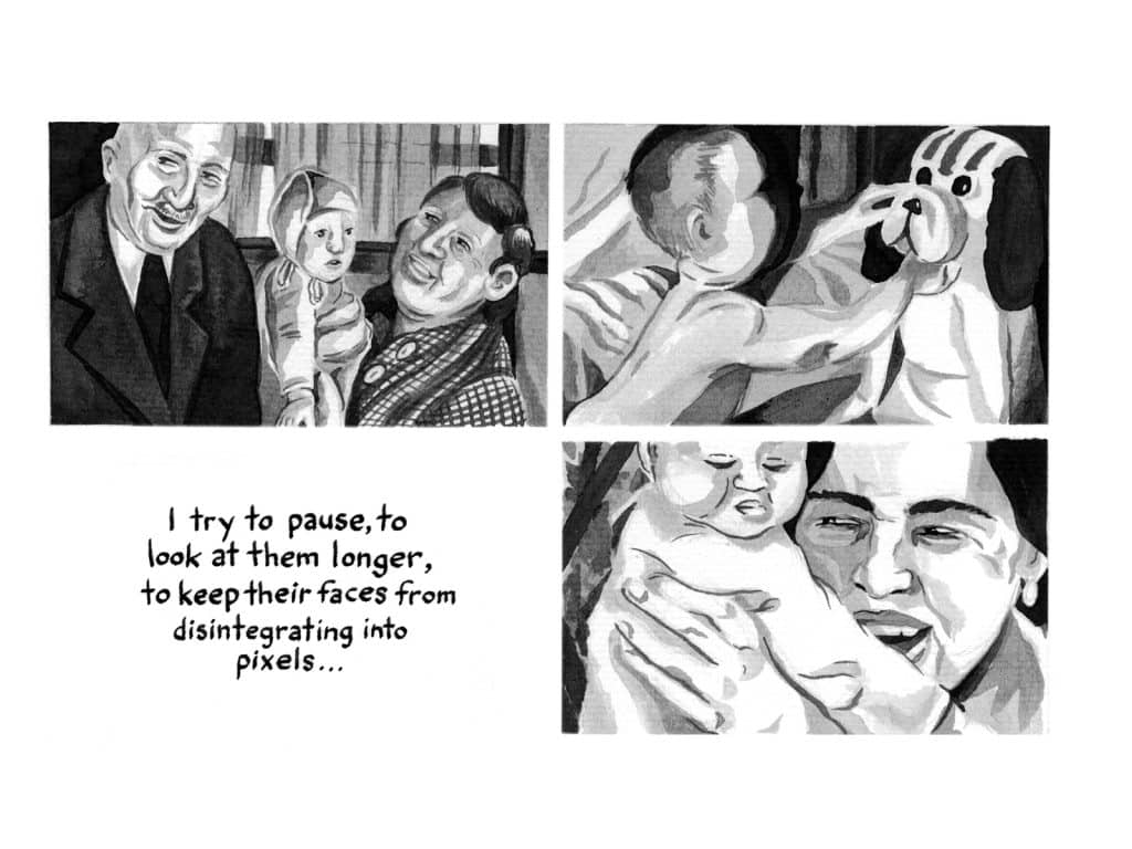 An excerpt from Solomon Brager's graphic novel "Heavyweight" depicts illustrated versions of old family photos, accompanied by hand-lettered text that reads: "I try to pause, to look at them longer, to keep their faces from disintegrating into pixels…"