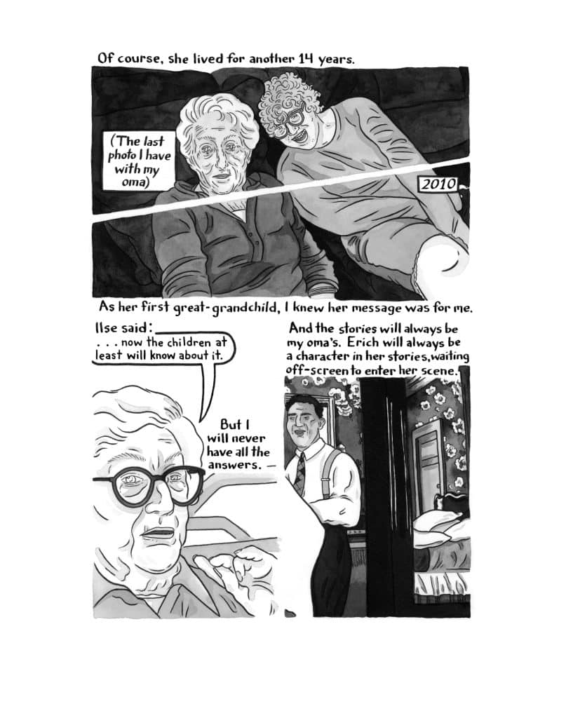 An excerpt from Solomon Brager's graphic novel "Heavyweight" depicts illustrated versions of old family photos, with hand-lettered text reading: "Of course, she lived for another 14 years (The last photo I have with my oma.) 2010. As her first great-grandchild, I knew her message was for me. Ilse said: '... now the children at least will know about it.' And the stories will always be my oma's. Erich will always be a character in her stories, waiting off-screen to enter her scene."