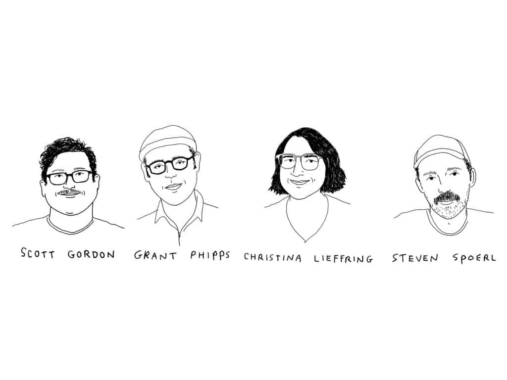 An illustration shows black-and-white line-drawing portraits, from the shoulders up, of Scott Gordon, Grant Phipps, Christina Lieffring, and Steven Spoerl.