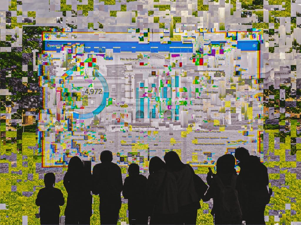 The illustration combines silhouettes of people on a campus tour  on a pixelated background combining the campus with corporate charts and spreadsheets.