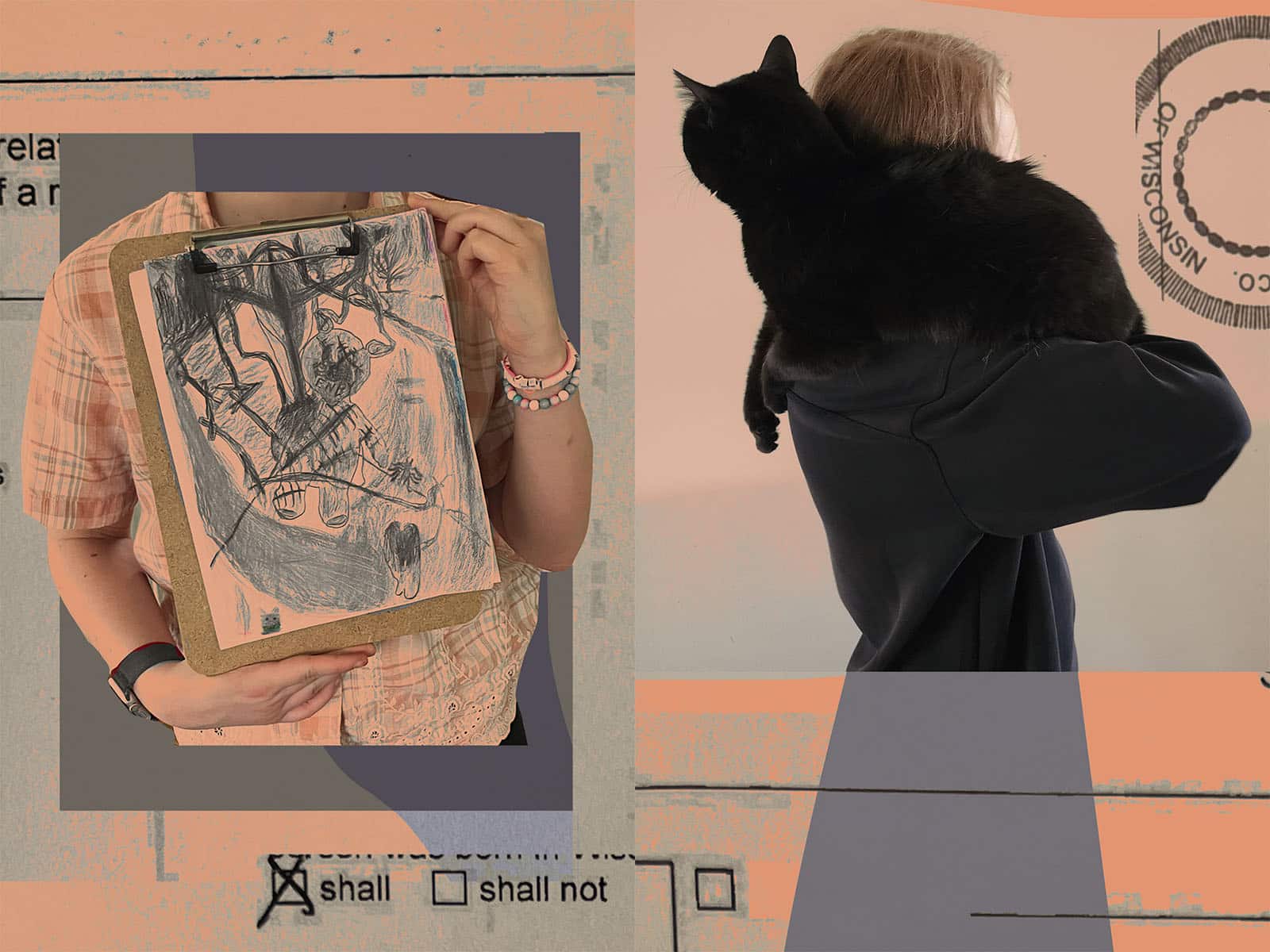 Side-by side illustrations show a person holding a piece of artwork and a girl cuddling a cat.