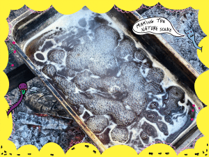 A photo of a metal pan with sap boiling over an open wood fire. A yellow border frames the photo, with illustrated insects, flowers, and other lanky creatures. One of the creatures says "Making The Nature Scene" in a speech bubble.