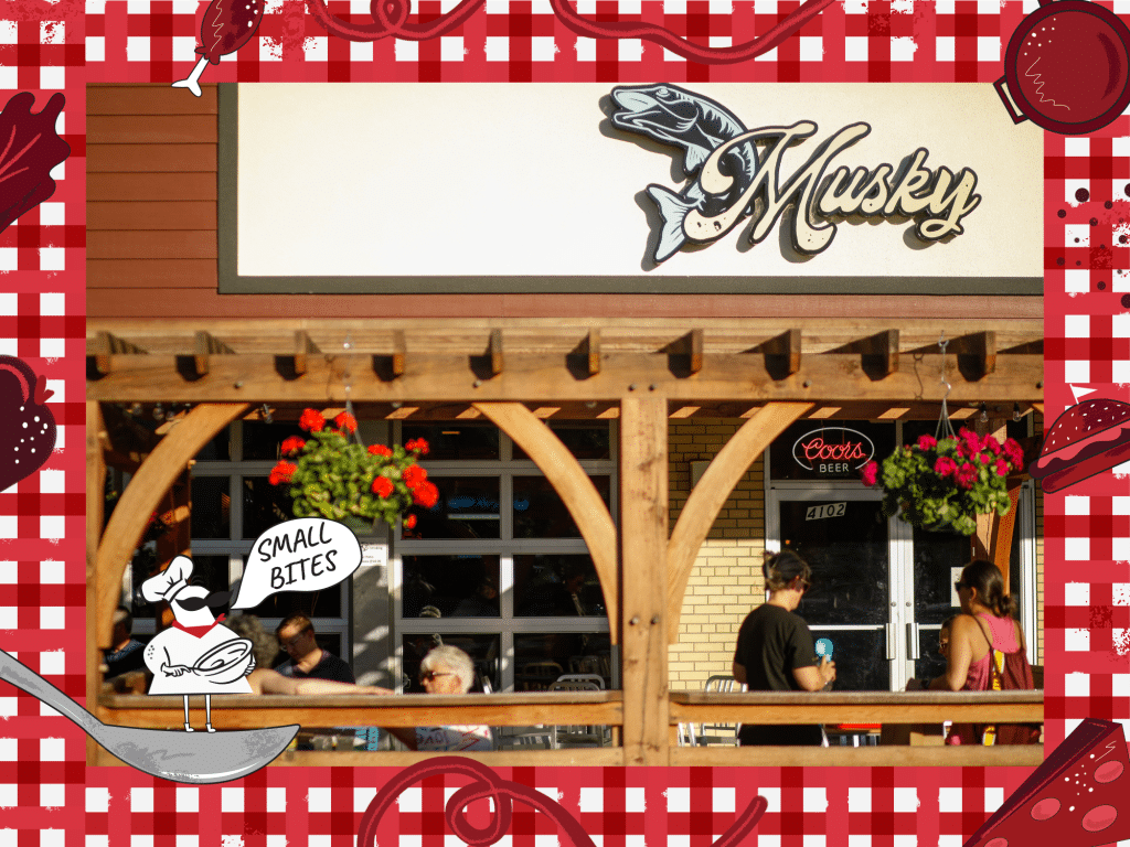 A photo of the Muskellounge and Sporting Club's wooden outdoor patio captures a few guests eating and drinking in the warm weather. An illustrated frame around it displays a red checkered tablecloth with different foods. In the lower left corner, a spoon holds a small chef with an oversized mustache. The chef's speech bubble reads "Small Bites."