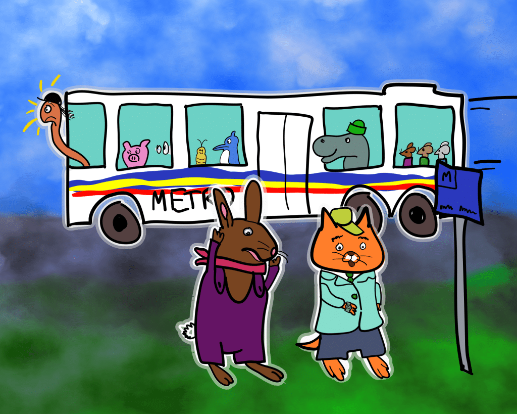 An illustration drawn in a Richard Scarry style shows two anxious animals—a rabbit and a cat—waiting for a bus in the foreground. In the background, other animals—including a pig, caterpillar, hippo, and mice—sit on a Metro bus driving in the opposite direction. The bus driver, a worm, looks stressed.