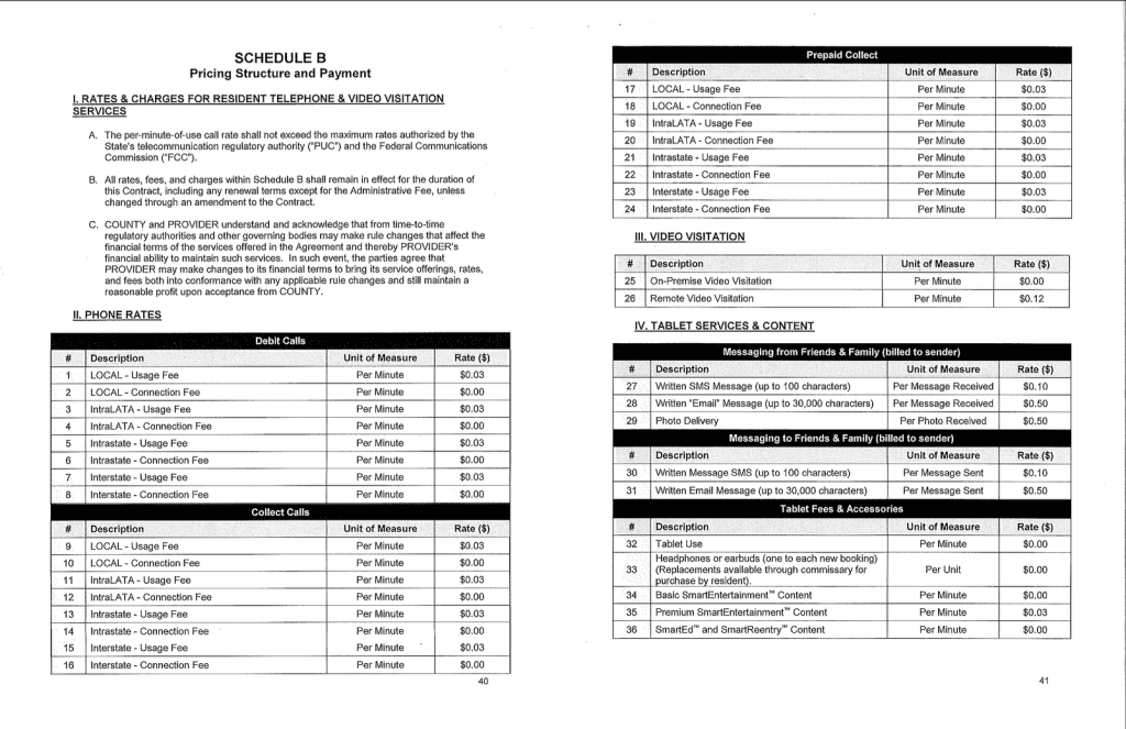 A screenshot from a proposed contract between Smart Communications and Dane County for jail telecomms services reads: SCHEDULE B Pricing Structure and Payment I. RATES & CHARGES FOR RESIDENT TELEPHONE & VIDEO VISITATION SERVICES A. The per-minute-of-use call rate shall not exceed the maximum rates authorized by the State's telecommunication regulatory authority (