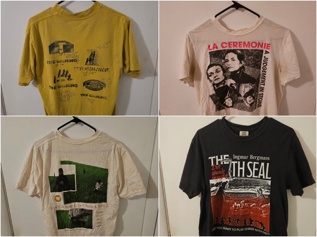 A simple collage of four photos featuring t-shirts that are displayed on a door with black plastic hangers. Designs include images from the films 