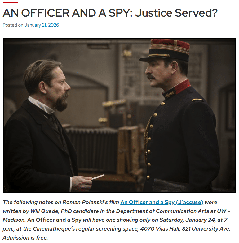 Web page screenshot on the blog page of cinema.wisc.edu shows the title of PhD candidate Will Quade's essay for