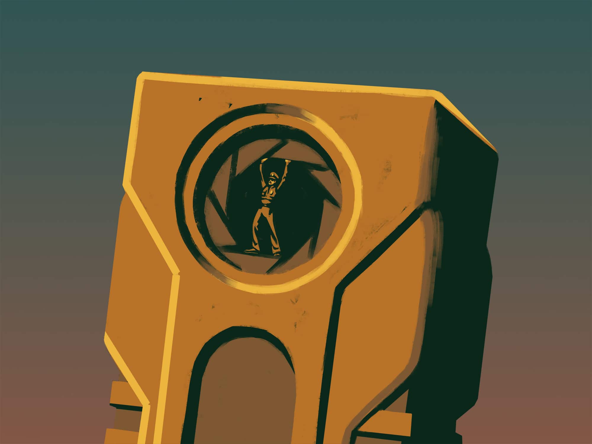 An illustration shows a close-up of a boxy police body camera. In the center of the rectangular device is a circular lens with the blades of an aperture appearing to close, with a small uniformed police officer standing in the center with his arms raised.|