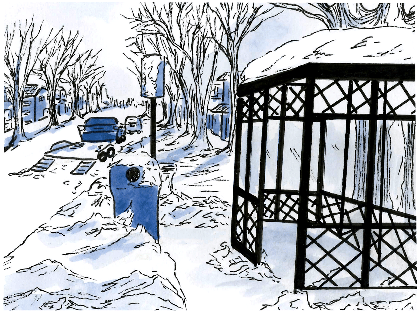 Illustration in blue, black, and white of a bus stop with the curb piled high with snow.|Rendering of a map of the Madison area. Bus stops that were documented in the first installment are marked in pink. Stops documented in this installment are marked in green.|Illustration in blue, black and white of a bus stop. The adjacent crosswalk is blocked by traffic, traffic cones, and construction equipment.|Illustration in blue, black, and white of a bus stop on grass, without a boarding platform or sidewalk.|Illustration in blue, black, and white of a bus stop with the curb piled high with snow.|Illustration in blue, black, and white of a bus stop with text stating it is closed. The stop is close to four affordable housing complexes.|Illustration in blue, black, and white or an unsheltered bus stop where a man stands on crutches in the rain.|Illustration of a bus stop where riders have to cross traffic that is attempting to enter four-lane traffic to access Woodman's.