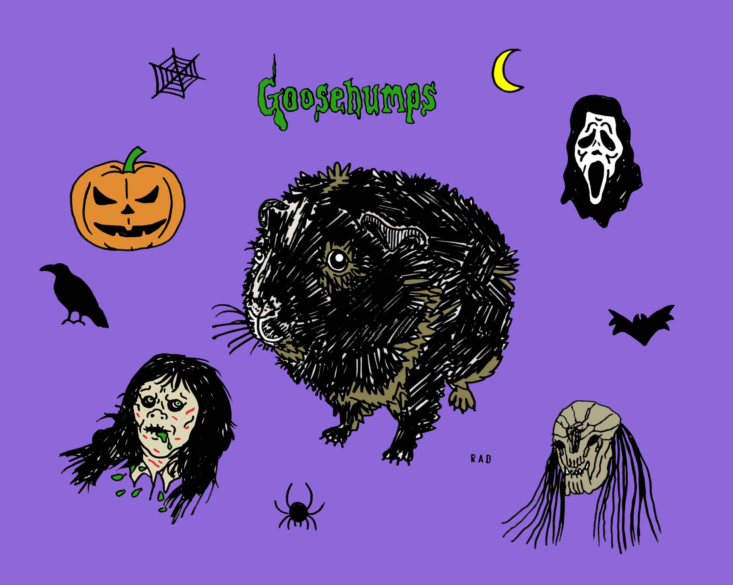 An illustration shows a guinea pig with patchy brown, black, and white fur against a purple background. Around the guinea pig are images of the moon, a spiderweb, the "Goosebumps" logo, the mask from the "Scream" film series, an image of a Predator, a bat, a spider, a blackbird, and the possessed girl from The Exorcist.