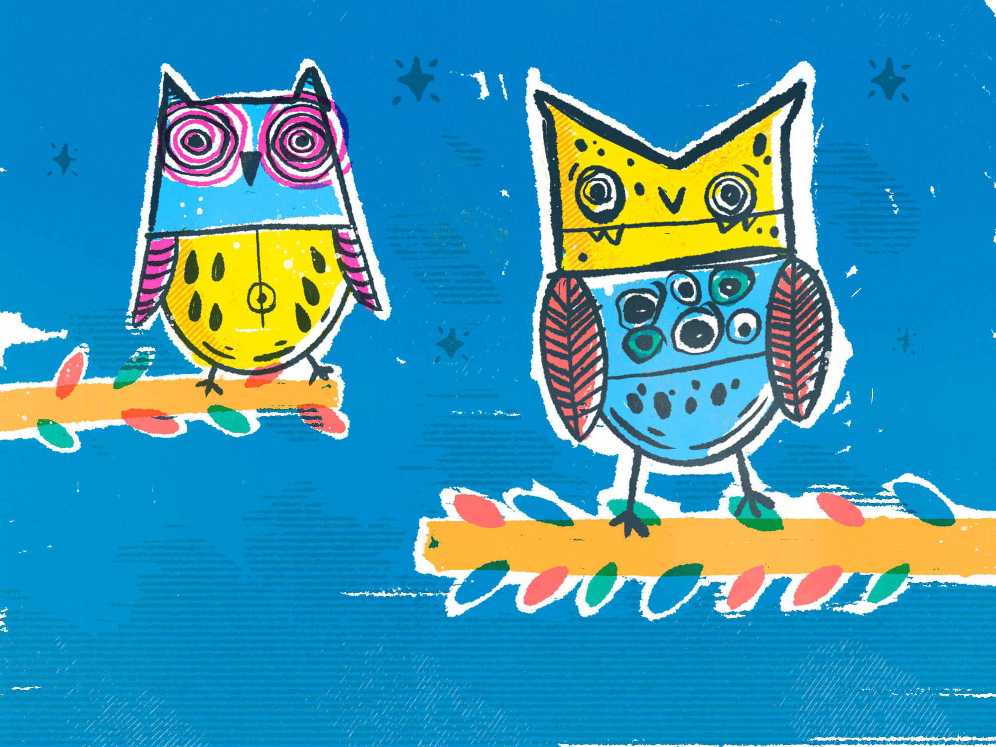 An illustration shows two colorful owls perched on branches, against a blue background.|