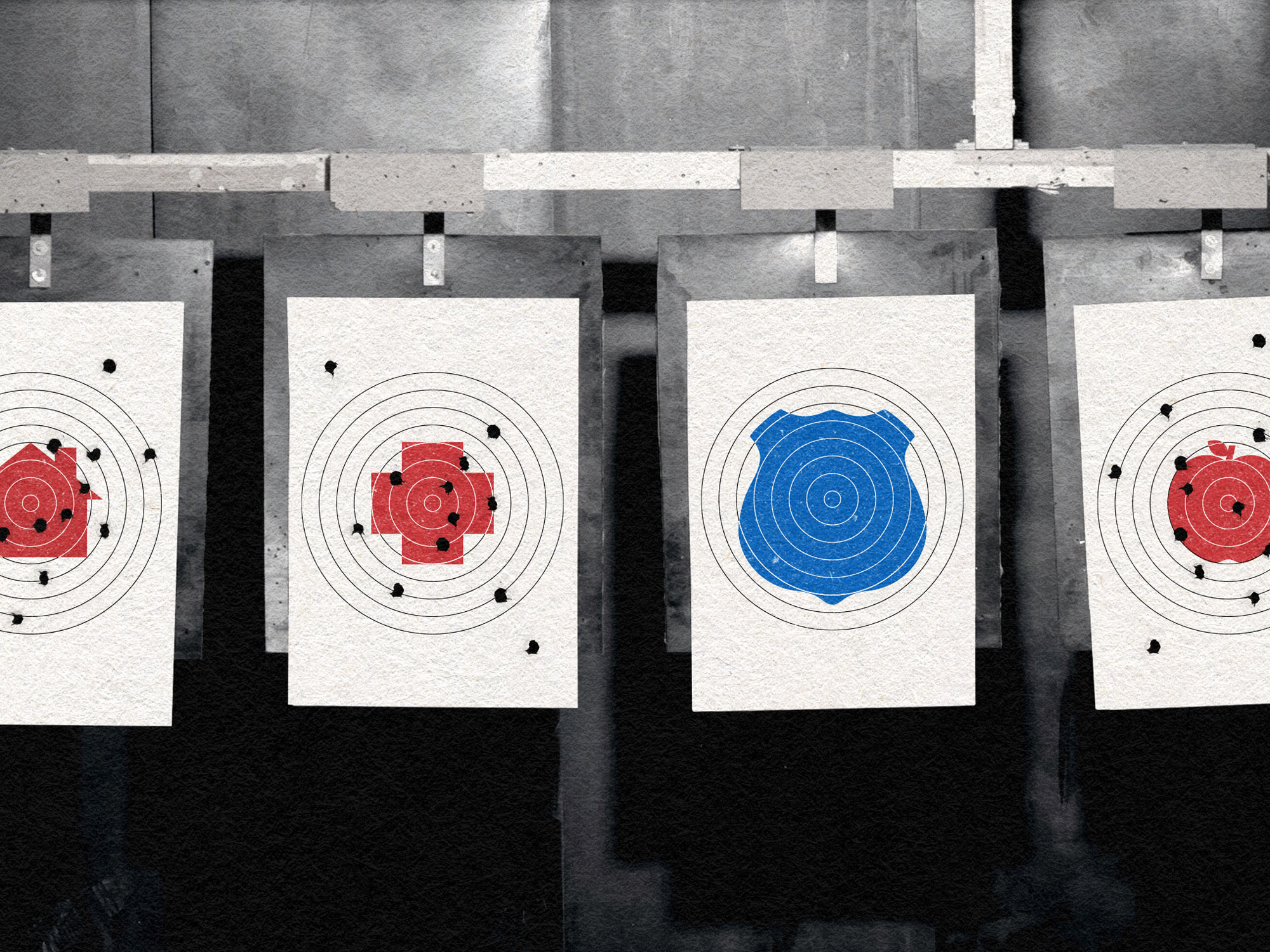 An illustration shows four targets on a shooting range, each with a different symbol on it: a house, a red cross, a police badge, and an apple. Each symbol has the concentric circles of a shooting target drawn over it, and each bit the police badge has multiple holes in it.