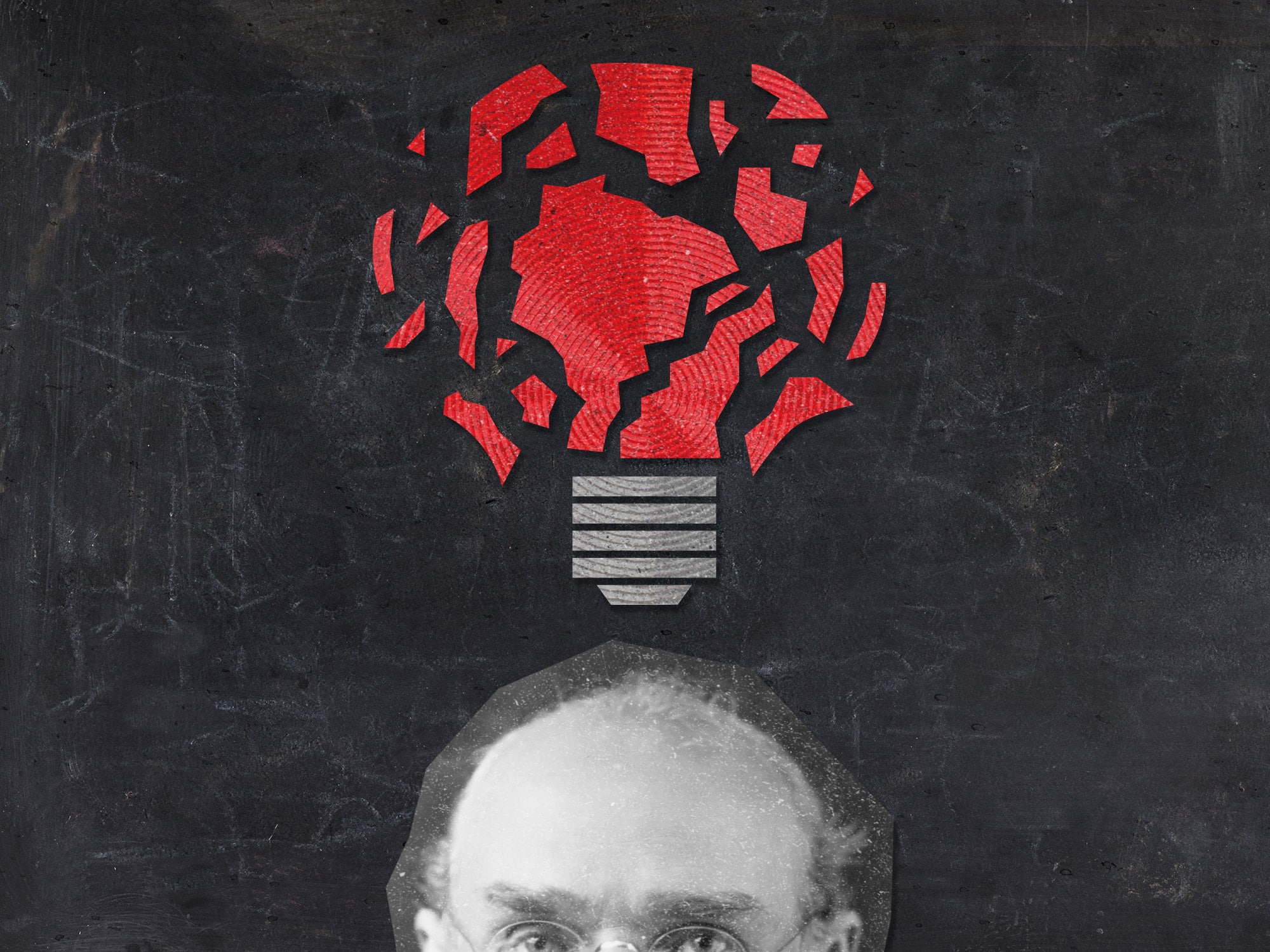 Graphic shows a shattered lightbulb with red glass in the shape of the state of Wisconsin over a historic black and white photo of Charles Van Hise's head.