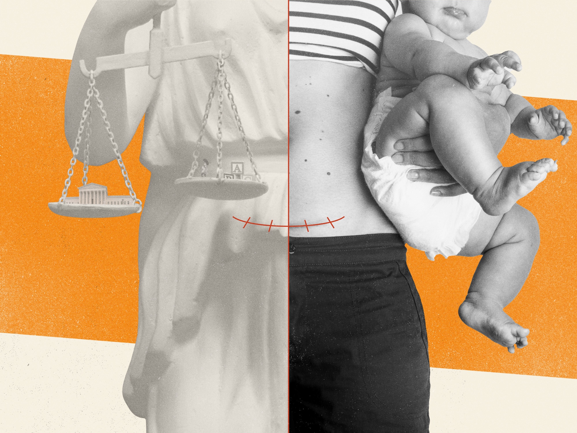 A female torso is divided in half vertically, one side dressed as Lady Justice holding scales weighing a female figure and a set of children's blocks against the US Supreme Court building. The other half of the torso is holding a baby. A cesarian scar crosses the lower torso on both sides of the vertical divide.