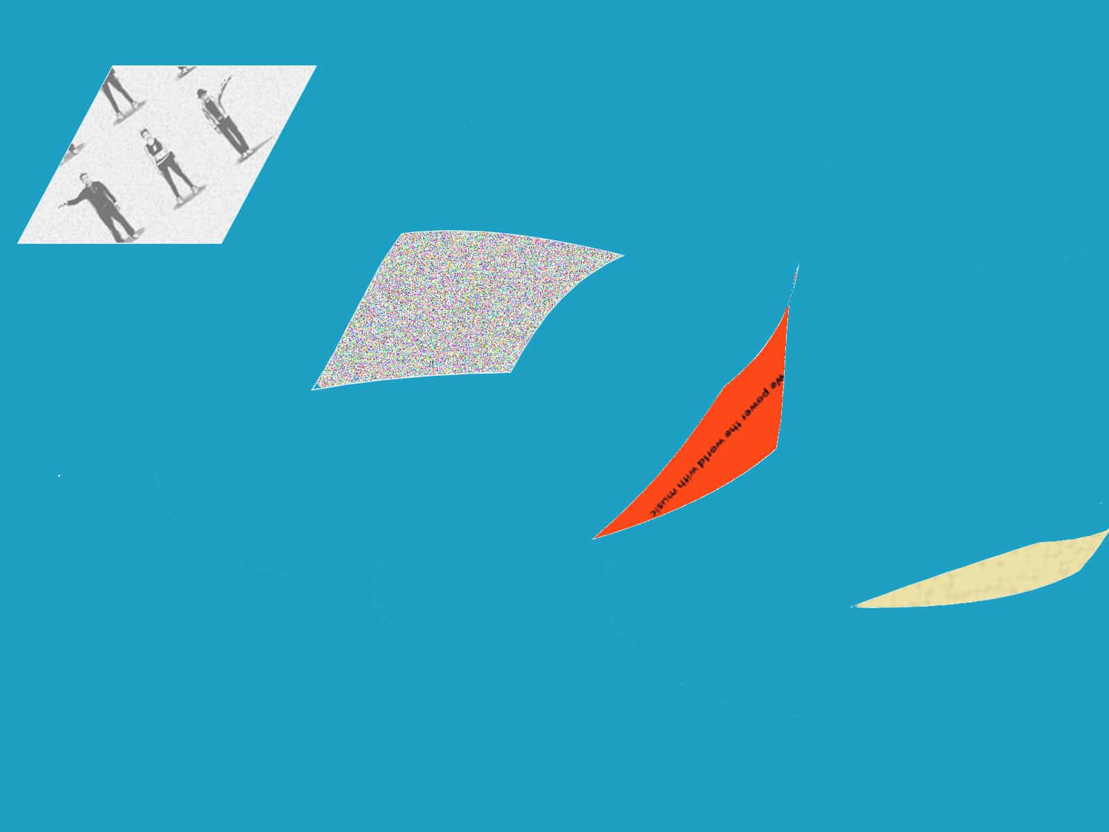 A digital illustration shows four iterations of Bandcamp's logo, a white rhombus against a teal-blue background. The first reveals the animated dancing figures that appear on the Bandcamp app. The next three are increasingly more warped and collapsed in shape, showing staticky backgrounds. The third warped shape shows behind it black text on a field of orange reading "We power the world with music," a marketing slogan from Songtradr.