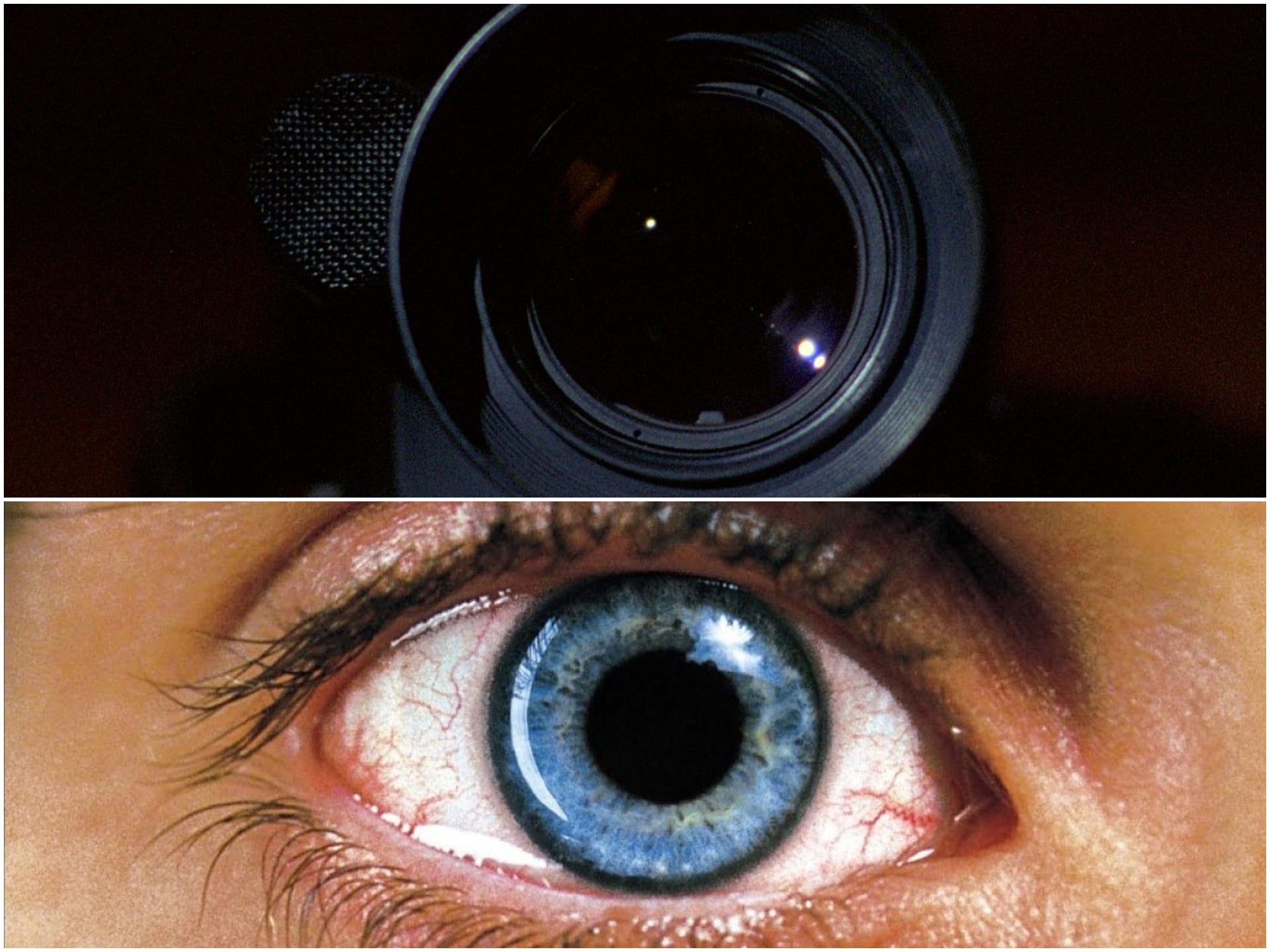 Graham Dalton's camera eye in "Sex, Lies, And Videotape" (1989) and a close-up of Marion Silver's eye in "Requiem For A Dream" (2000).