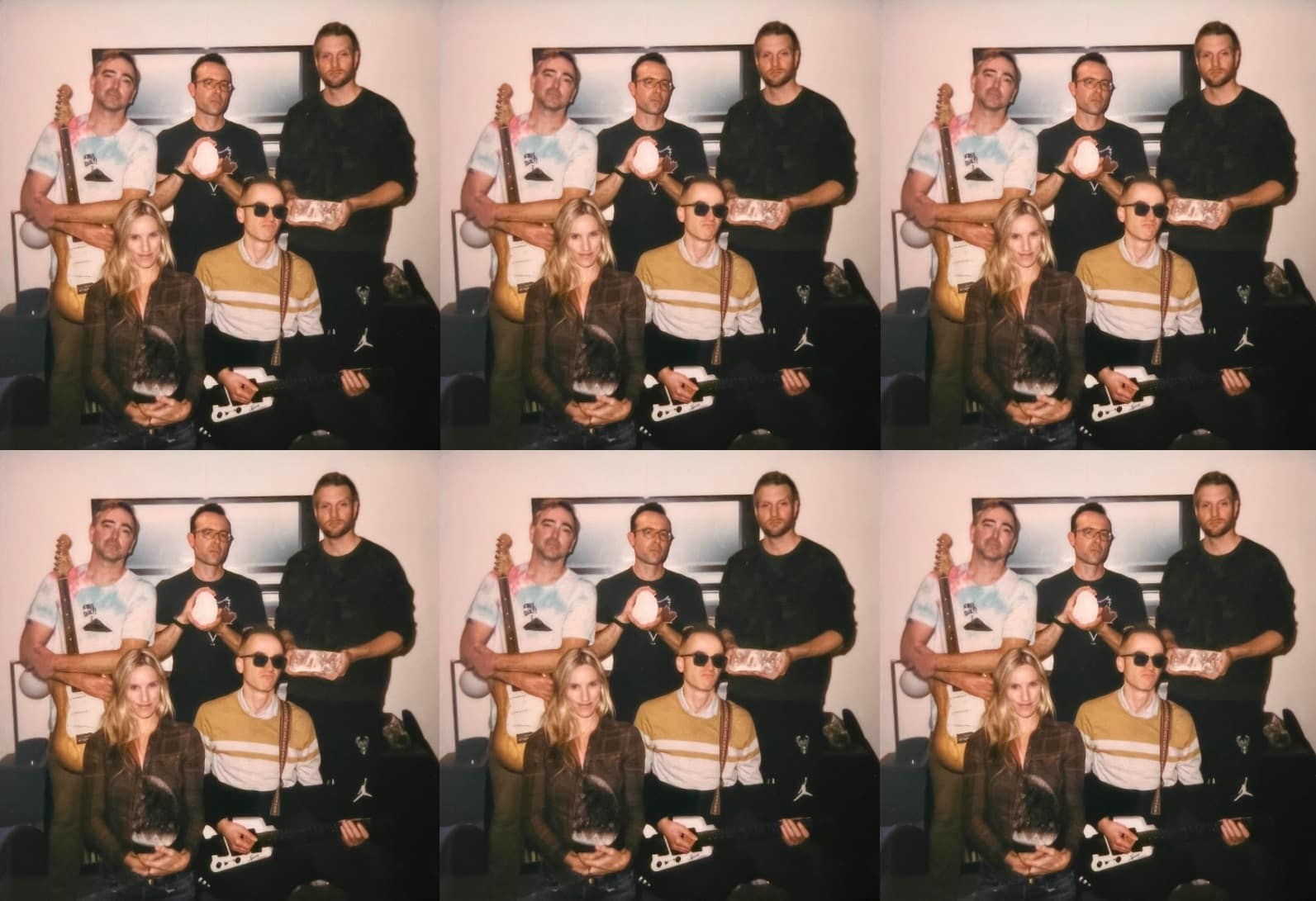 All of the current Cribshitter members are shown posing in a room, the image is repeated across six tiles.|||
