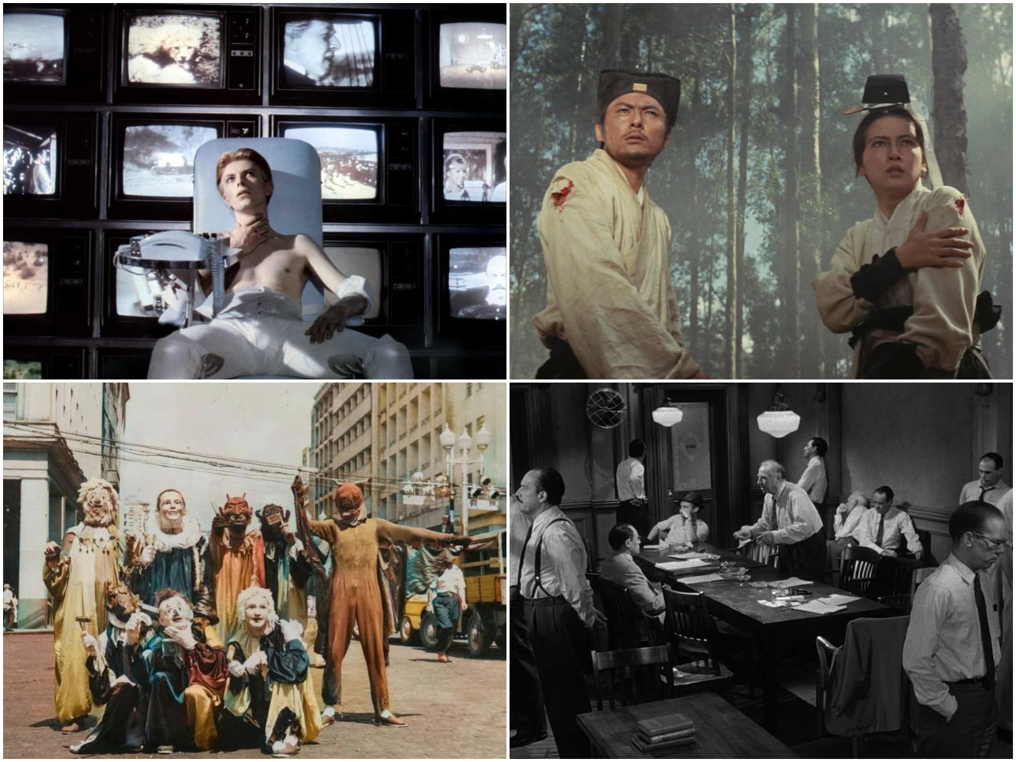 A simple image collage of stills collected from four films on UW Cinematheque's spring 2024 calendar. Clockwise from top left: David Bowie stares mesmerized behind a wall of televisions in "The Man Who Fell To Earth" (1978), two actors dressed in 14th-century Chinese attire stare out into a the surreal but color-muted glow of a forest in "A Touch Of Zen" (1971), the titular "12 Angry Men" (1957) stand away from each other and deliberate in a room, and people dressed in vibrant costumes pose for a camera in "Pictures Of Ghosts" (2023).