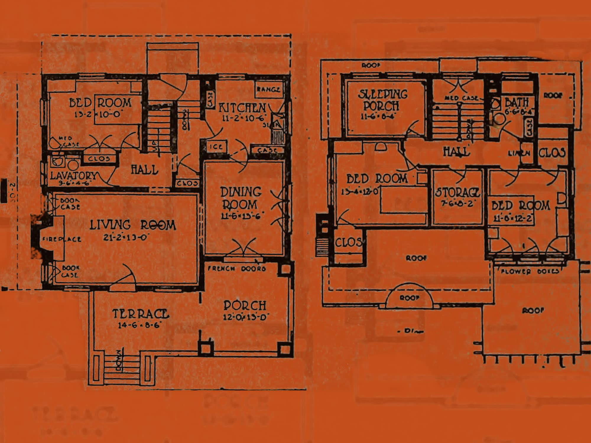 An old-timey house blueprint over an orange background.||