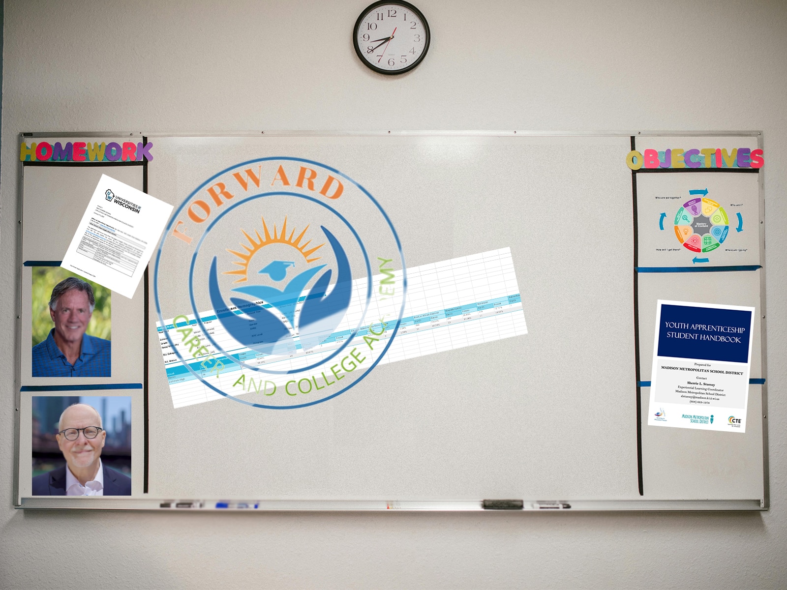 A photo illustration shows a classroom whiteboard. On the whiteboard is a large, scuffed logo for Forward Career and College Academy, headshot photos of John McKenzie and Paul Vallas, a document from Forward's application for a UW System charter, and graphics from the Madison Metropolitan School District's career-readiness programs. A portion of a spreadsheet under the Forward logo shows recent statistics detailing the numbers of homeless students enrolled at MMSD.