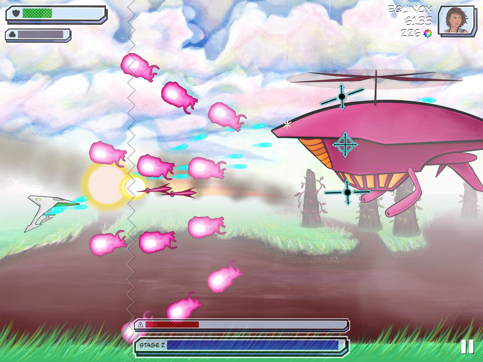 A screenshot from the game "The Day We Fought Space" shows the player's small spaceship, in side profile, exchanging fire with a much larger enemy spaceship, against a multicolored background of vine-draped trees.||